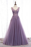 Purple V-Neck Lace Long Prom Dresses, A-Line Evening Party Dresses HZ0429