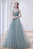 A-Line Tulle Long Prom Dress, Lovely V-Neck Formal Dress HZ0429