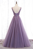 Purple V-Neck Lace Long Prom Dresses, A-Line Evening Party Dresses HZ0429