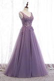 Purple V-Neck Lace Long Prom Dresses, A-Line Evening Party Dresses HZ0429