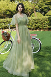 Green Tulle Long Prom Dresses, A-Line Evening Dresses HZ0429