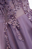 Purple V-Neck Lace Long Prom Dresses, A-Line Evening Party Dresses HZ0429