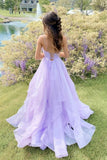 Purple Spaghetti Strap Tulle Long Prom Dresses, A-Line Lace-Up Evening Dresses HZ0429