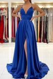 Blue V-Neck Satin Long Prom Dresses, Simple A-Line Backless Evening Dresses HZ0429