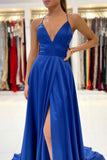 Blue V-Neck Satin Long Prom Dresses, Simple A-Line Backless Evening Dresses HZ0429