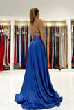 Blue V-Neck Satin Long Prom Dresses, Simple A-Line Backless Evening Dresses HZ0429