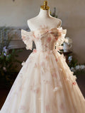 Champagne Floral Tulle Long Prom Dress, Elegant A-Line Formal Evening Dress HZ0429