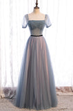 Gray Blue Tulle Long A-Line Prom Dress, Cute Short Sleeve Evening Dress HZ0429