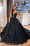 Black V-Neck Lace Long Ball Gown, A-Line Evening Party Dress HZ0429