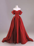 Dark Red Satin Tulle Long Prom Dress, Beautiful Off the Shoulder Party Dress HZ0429