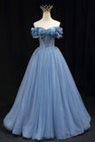 Blue Tulle Beaded Long Prom Dress, Elegant A-Line Blue Evening Dress HZ0429