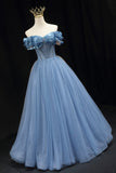 Blue Tulle Beaded Long Prom Dress, Elegant A-Line Blue Evening Dress HZ0429