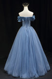 Blue Tulle Beaded Long Prom Dress, Elegant A-Line Blue Evening Dress HZ0429