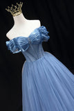 Blue Tulle Beaded Long Prom Dress, Elegant A-Line Blue Evening Dress HZ0429