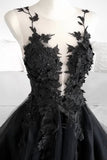 Black Tulle Lace Long Prom Dress, Black Formal Graduation Dress HZ0429