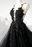 Black Tulle Lace Long Prom Dress, Black Formal Graduation Dress HZ0429