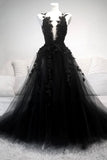 Black V-Neck Tulle Lace Long Prom Dresses, Black A-Line Evening Dresses HZ0429
