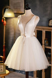 Champagne V-Neck Tulle Short Prom Dress, A-Line Evening Party Dress HZ0429