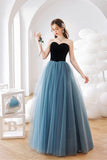 Blue Tulle Long A-Line Prom Dress, Lovely Strapless Evening Dress HZ0429