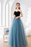 Blue Tulle Long A-Line Prom Dress, Lovely Strapless Evening Dress HZ0429