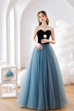 Blue Tulle Long A-Line Prom Dress, Lovely Strapless Evening Dress HZ0429