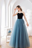 Blue Tulle Long A-Line Prom Dress, Lovely Strapless Evening Dress HZ0429