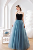 Blue Tulle Long A-Line Prom Dress, Lovely Strapless Evening Dress HZ0429