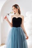 Blue Tulle Long A-Line Prom Dress, Lovely Strapless Evening Dress HZ0429