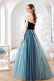 Blue Tulle Long A-Line Prom Dress, Lovely Strapless Evening Dress HZ0429