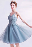 Blue V-Neck Lace Short Prom Dress, A-Line Evening Party Dress HZ0429