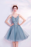 Blue V-Neck Lace Short Prom Dress, A-Line Evening Party Dress HZ0429