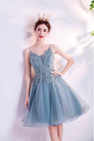 Blue V-Neck Lace Short Prom Dress, A-Line Evening Party Dress HZ0429