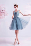 Blue V-Neck Lace Short Prom Dress, A-Line Evening Party Dress HZ0429