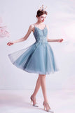 Blue V-Neck Lace Short Prom Dress, A-Line Evening Party Dress HZ0429