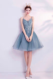 Blue V-Neck Lace Short Prom Dress, A-Line Evening Party Dress HZ0429