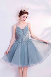 Blue V-Neck Lace Short Prom Dress, A-Line Evening Party Dress HZ0429