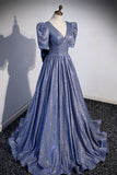 Blue Long A-Line Prom Dress, Simple V-Neck Short Sleeve Evening Dress HZ0429