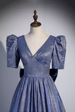 Blue Long A-Line Prom Dress, Simple V-Neck Short Sleeve Evening Dress HZ0429