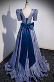Blue Long A-Line Prom Dress, Simple V-Neck Short Sleeve Evening Dress HZ0429