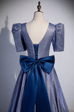 Blue Long A-Line Prom Dress, Simple V-Neck Short Sleeve Evening Dress HZ0429