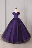 Purple Sweetheart Prom Dress with Black Dotted Tulle Overlay Off Shoulder Formal Evening Gown HZ0429