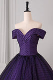 Purple Sweetheart Prom Dress with Black Dotted Tulle Overlay Off Shoulder Formal Evening Gown HZ0429