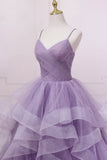 Purple Tulle Long Prom Dress, A-Line Spaghetti Strap Evening Gown HZ0429