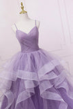 Purple Tulle Long Prom Dress, A-Line Spaghetti Strap Evening Gown HZ0429