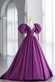 Purple Puff Sleeves Satin Long Prom Dress, V-Neck Evening Dress HZ0429