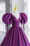 Purple Puff Sleeves Satin Long Prom Dress, V-Neck Evening Dress HZ0429