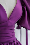 Purple Puff Sleeves Satin Long Prom Dress, V-Neck Evening Dress HZ0429