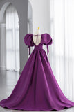 Purple Puff Sleeves Satin Long Prom Dress, V-Neck Evening Dress HZ0429