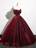 Burgundy Satin Floor Length Prom Dress, Burgundy A-Line Off the Shoulder Evening Party Dress HZ0429