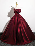 Burgundy Satin Floor Length Prom Dress, Burgundy A-Line Off the Shoulder Evening Party Dress HZ0429